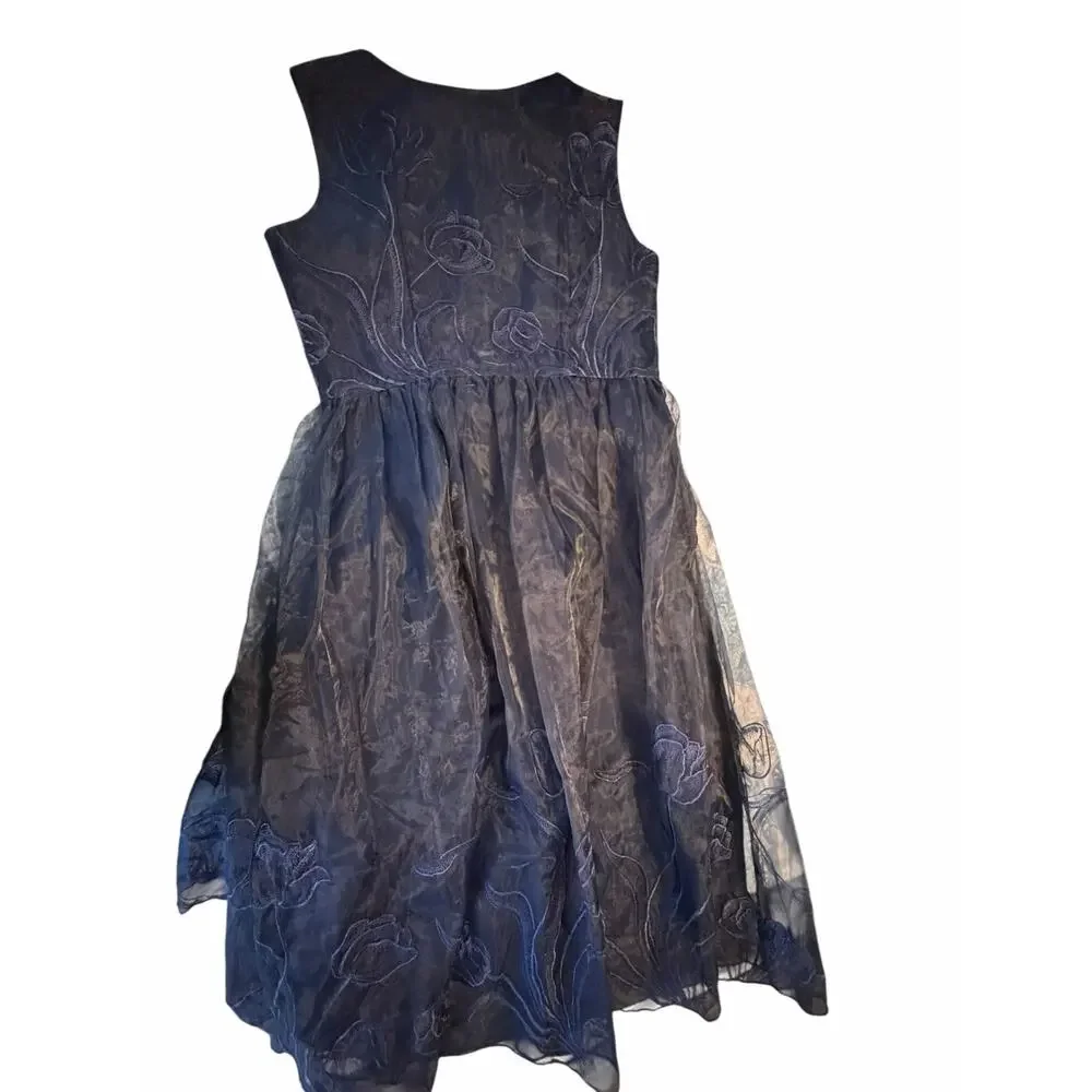 STYLEWE HZY Navy Blue Organza with Emroidered Floral Detail Dress